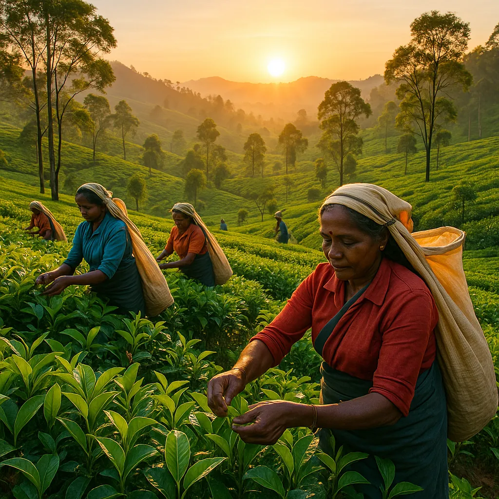 Illustration of workers picking tea leaves in a green plantation