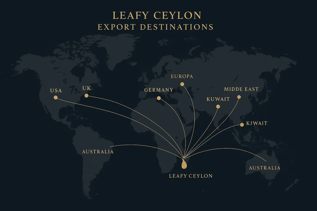 World map showing routes from Sri Lanka to Leafy Ceylon export destinations