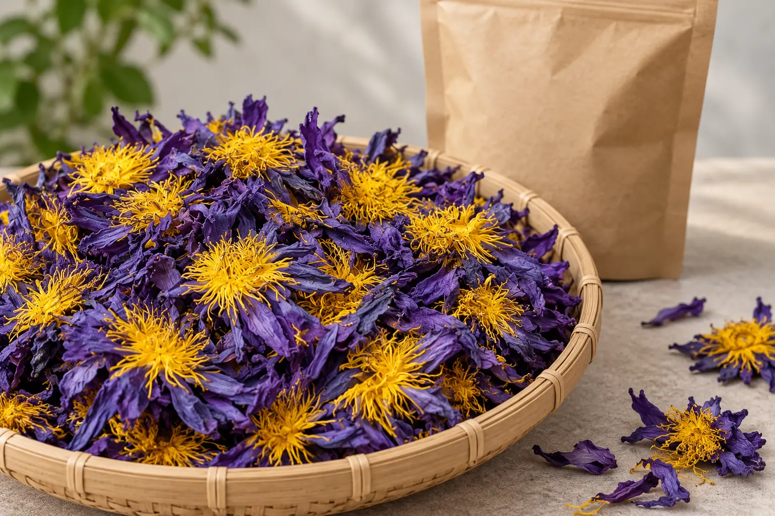Dried blue lotus flowers in a wooden bowl beside a kraft paper bag
