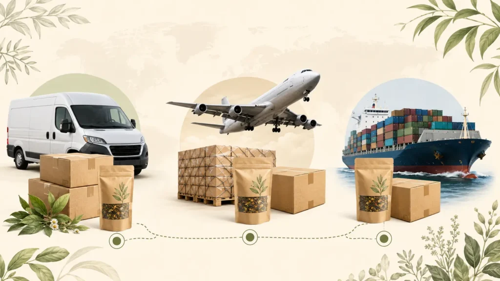 Illustration of parcel delivery by van, aircraft and container ship