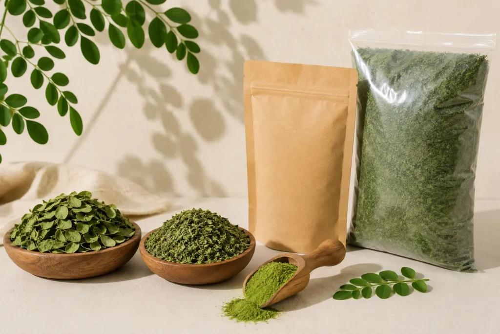 Premium Ceylon Moringa Supplier & Exporter | Leafy Ceylon 2 Whole, tea-cut and powdered Moringa with bulk and retail packaging