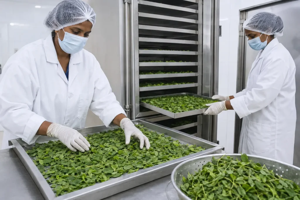 Premium Ceylon Moringa Supplier & Exporter | Leafy Ceylon 4 Controlled dehydration and inspection of Moringa leaves