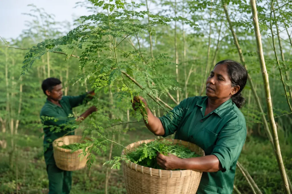 Premium Ceylon Moringa Supplier & Exporter | Leafy Ceylon 3 Careful harvesting of fresh Moringa leaves in Sri Lanka